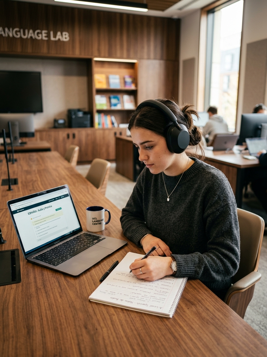 Student wearing headphones listening to authentic Spanish audio