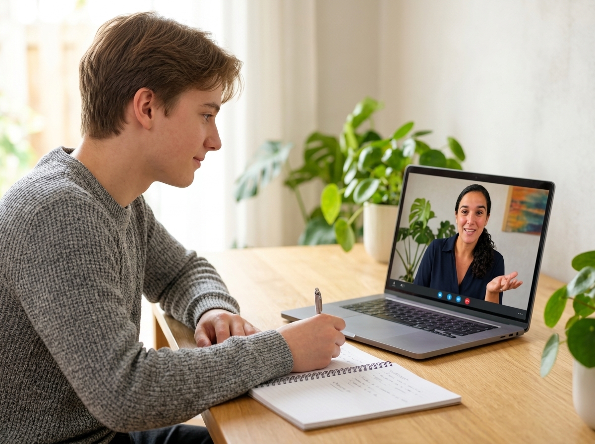 Online Spanish teacher conducting DELE oral practice