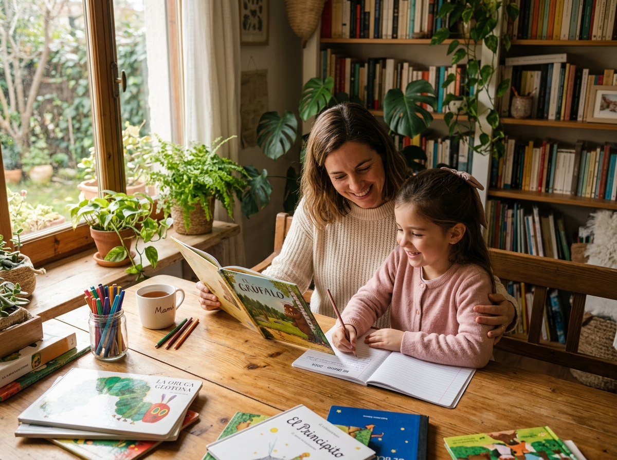 Parent and child reading Spanish storybook together at home desk