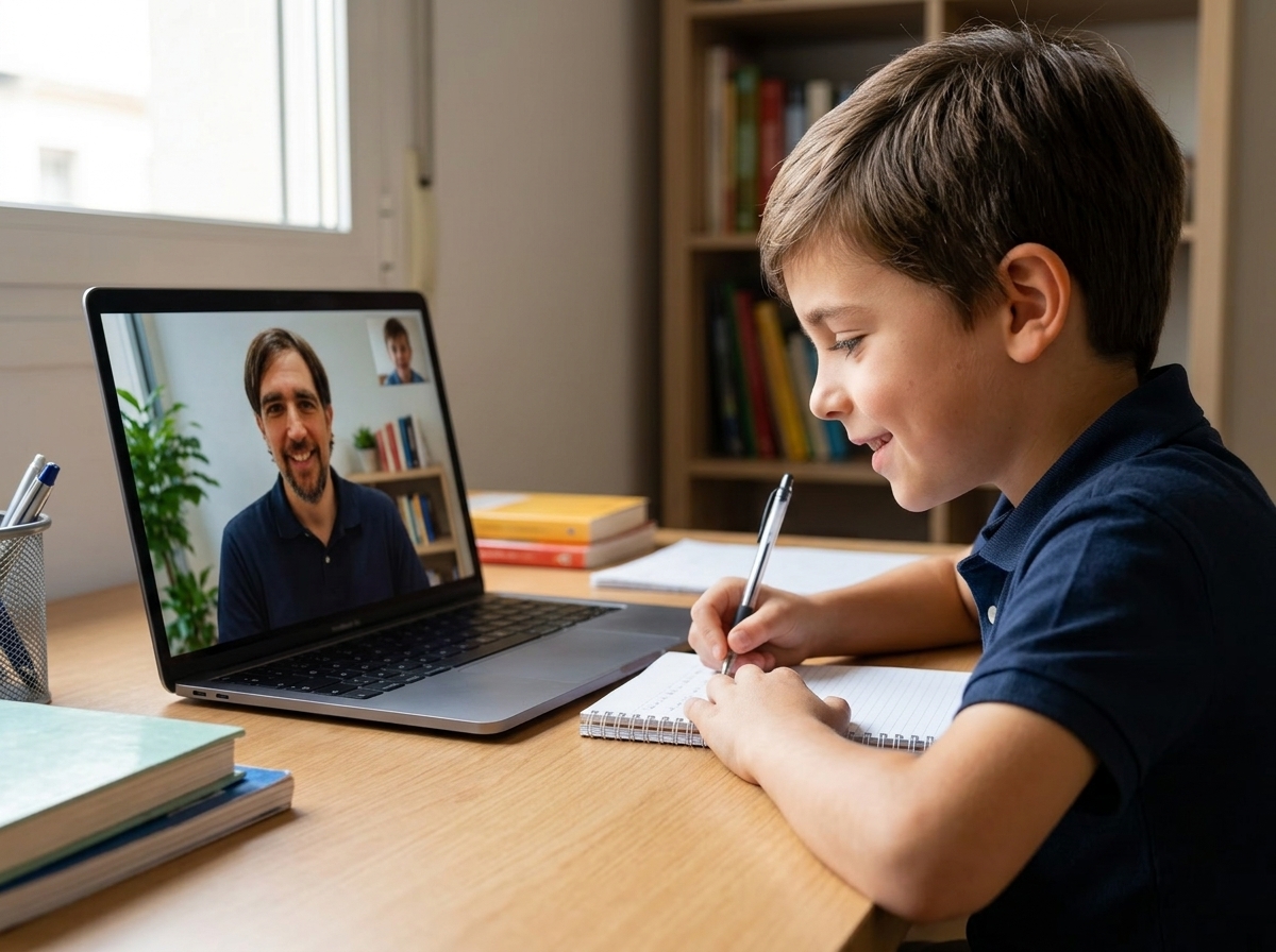 Child smiling in 1-on-1 online Spanish lesson with Joan