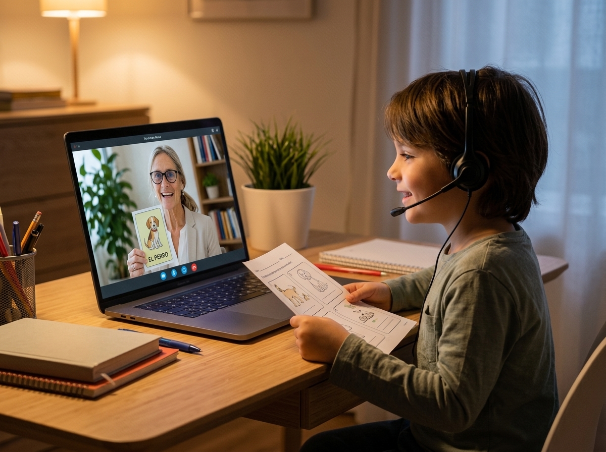 Native teacher Rosa holding Spanish teaching card on video call