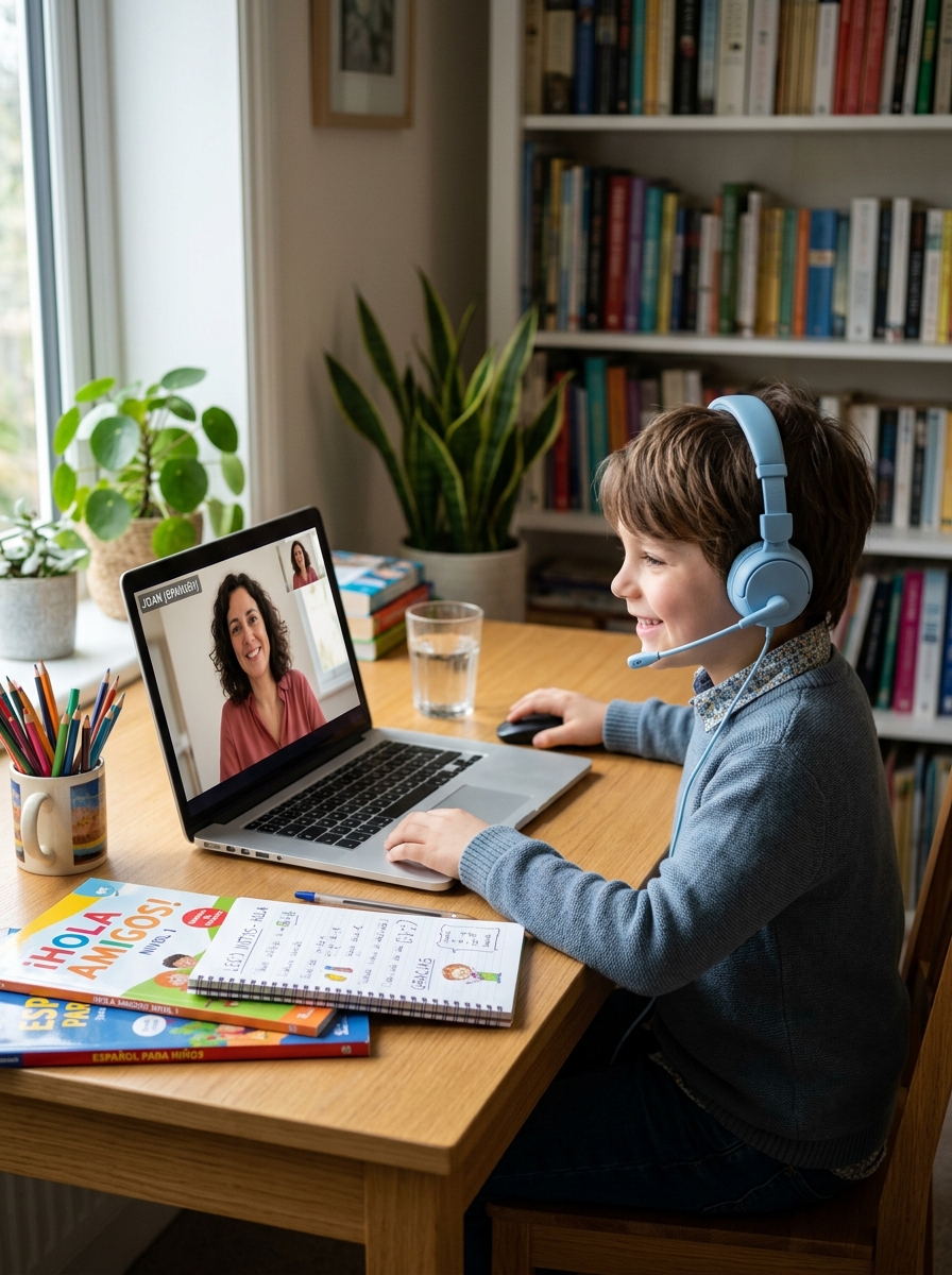 Child enjoying interactive online Spanish lesson with Joan