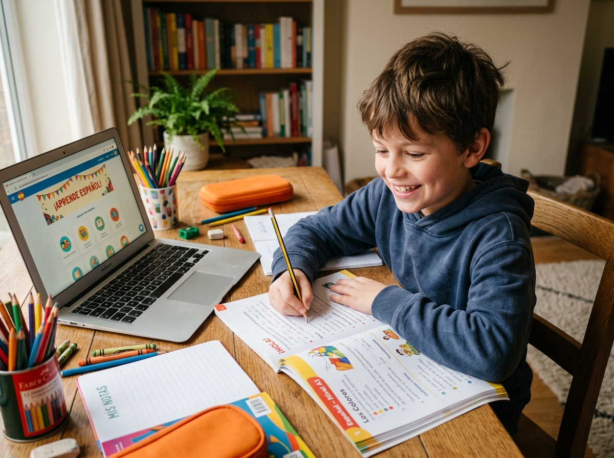 Young boy happily studying Spanish online with a laptop