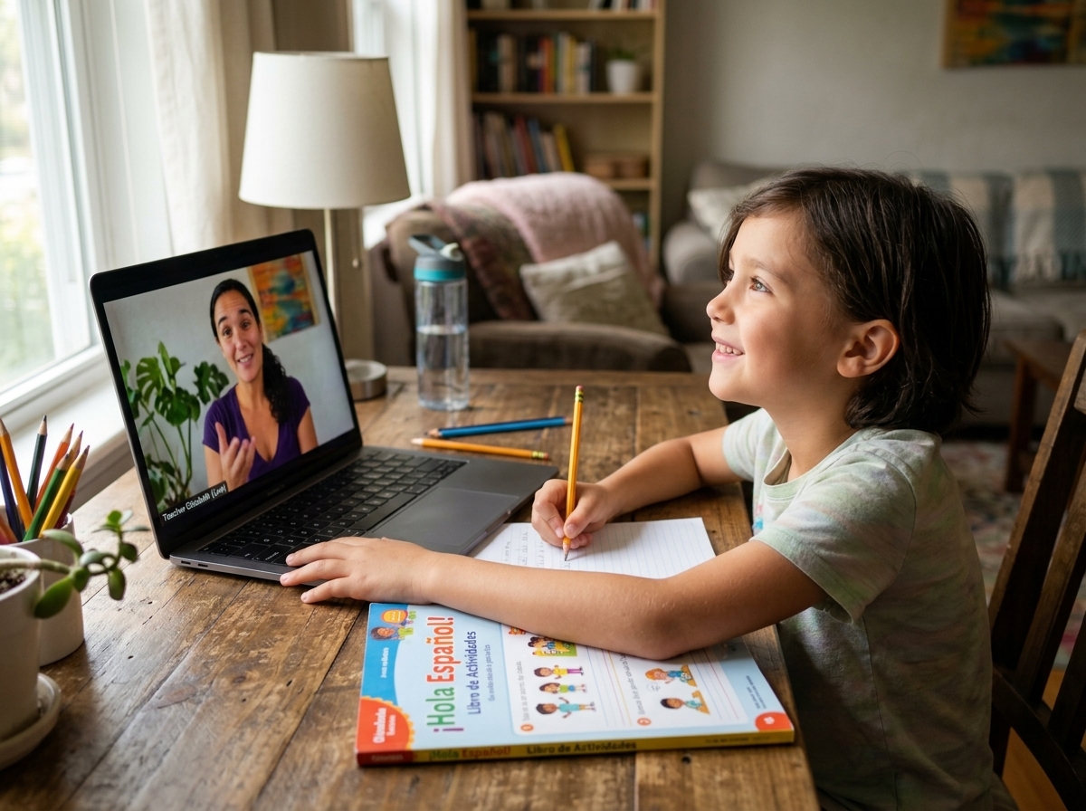 Child writing in Spanish workbook during live online lesson