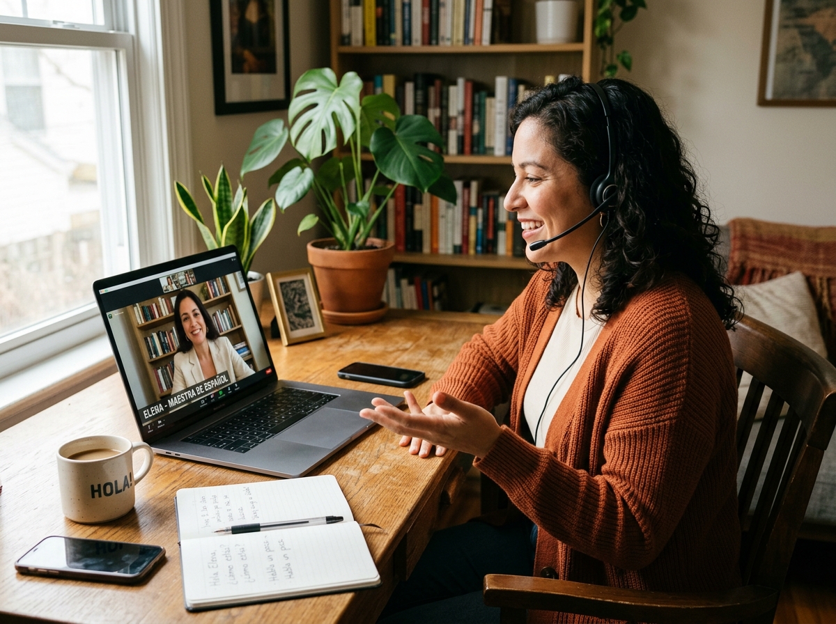 Student communicating naturally in Spanish during 1-on-1 online conversational lesson