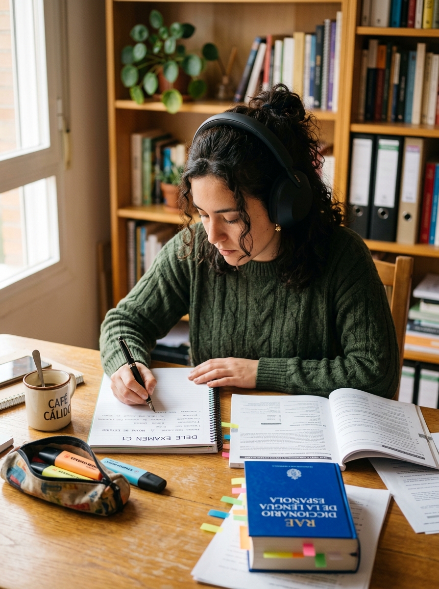 Student preparing for all four DELE examination papers: Reading, Listening, Writing, and Speaking