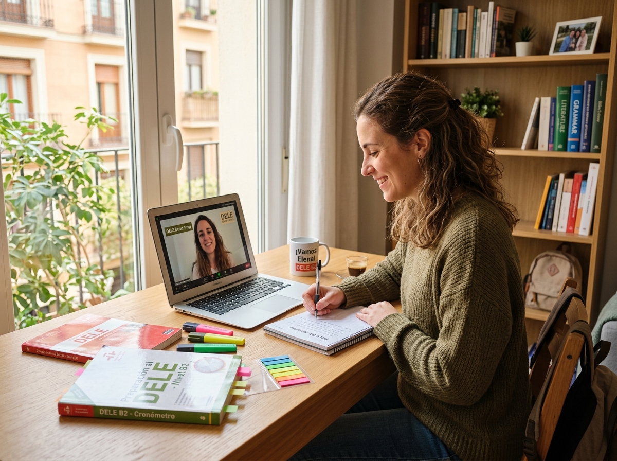 Student preparing for DELE Spanish examination online