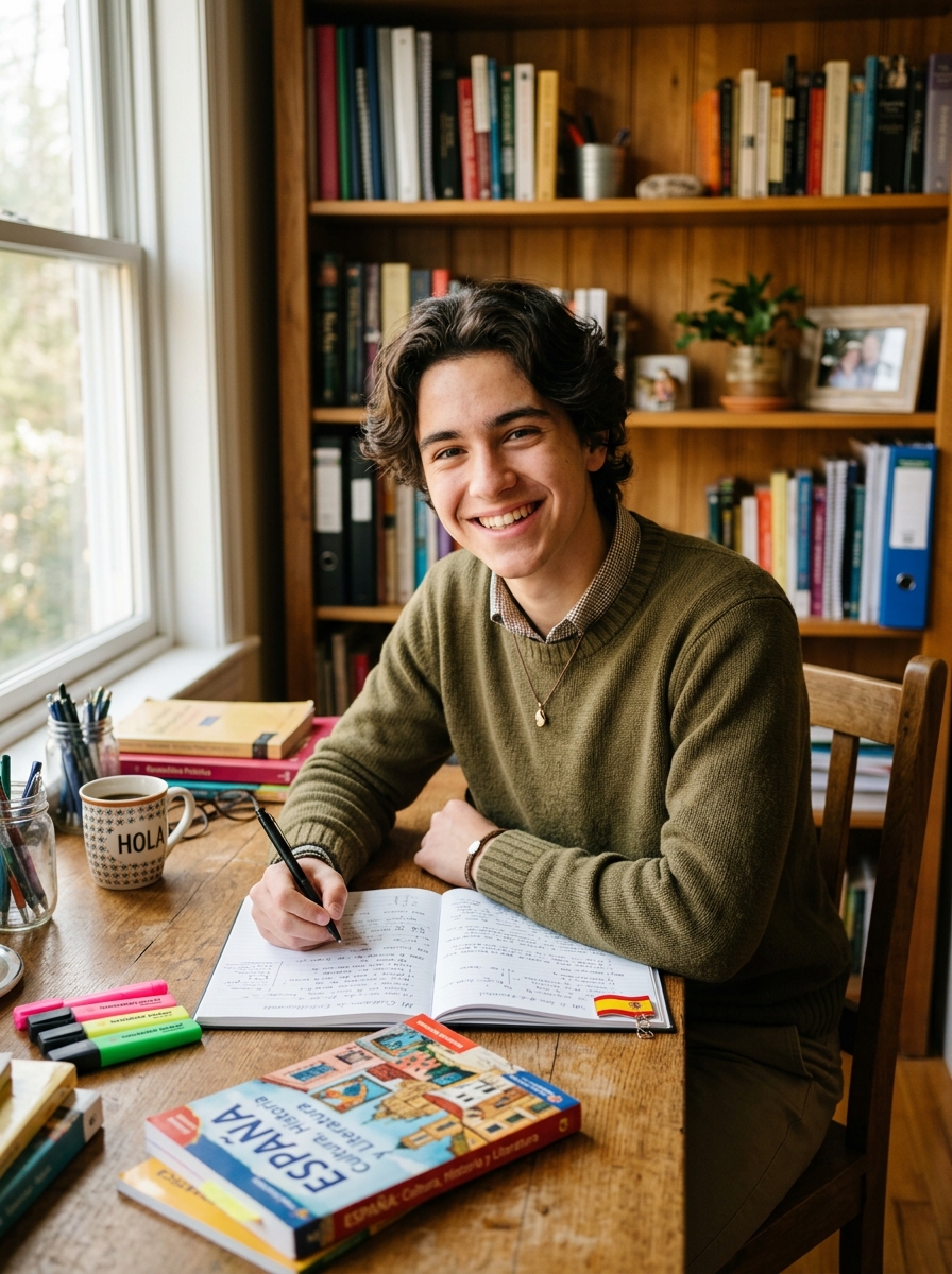 Male student studying Spanish literature, culture and individual DELE goals