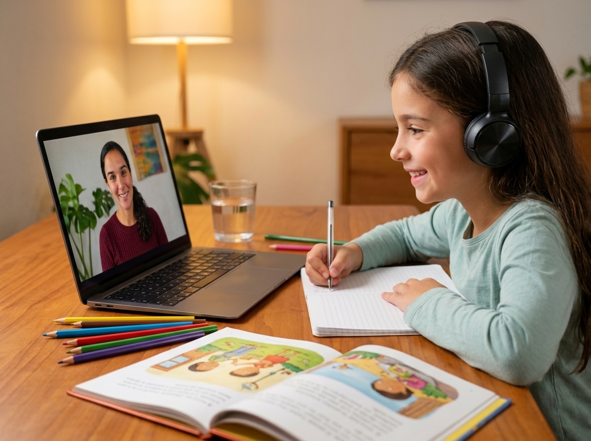 Child enjoying online Spanish lesson on laptop with illustrated Spanish books