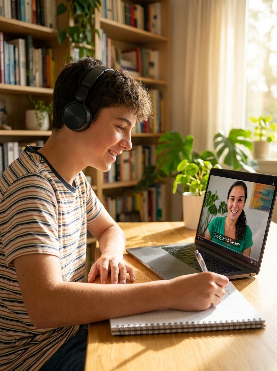 Teenage boy student having an online Spanish lesson with Elisabeth Bulbena Vela on laptop screen