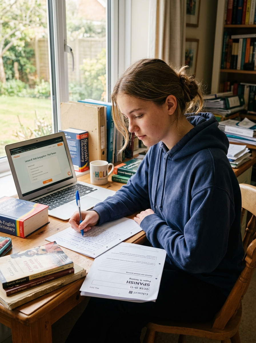 Teenage student preparing for GCSE and A-Level Spanish examinations at desk