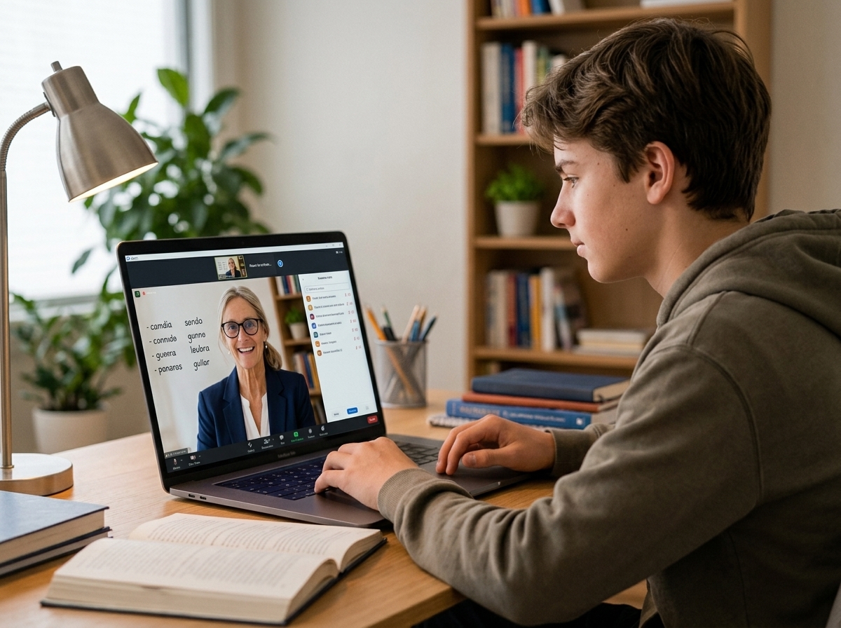 Rosa Vela consulting on video call about long-term Spanish goals