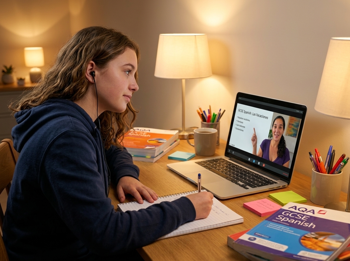 Teenage female student taking online GCSE Spanish lesson with Elisabeth on laptop screen