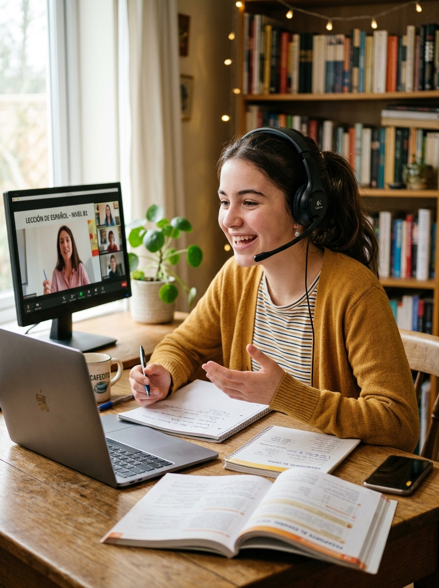 Student speaking confidently during online GCSE Spanish lesson