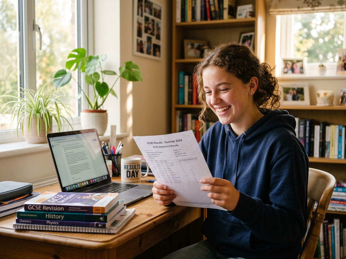 GCSE Spanish student happily holding official GCSE exam results at study desk