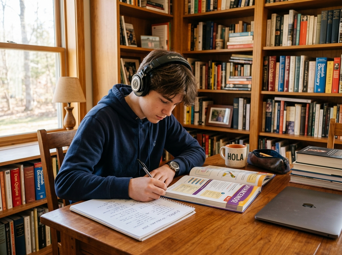 Home educated teenage boy student studying Spanish with textbook and laptop at home