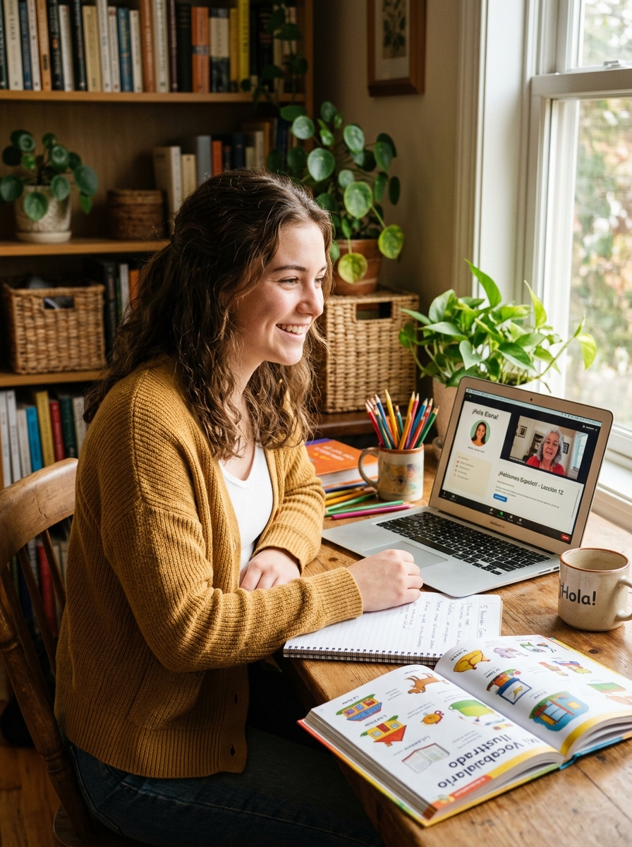 Student enjoying personalised online Spanish lesson