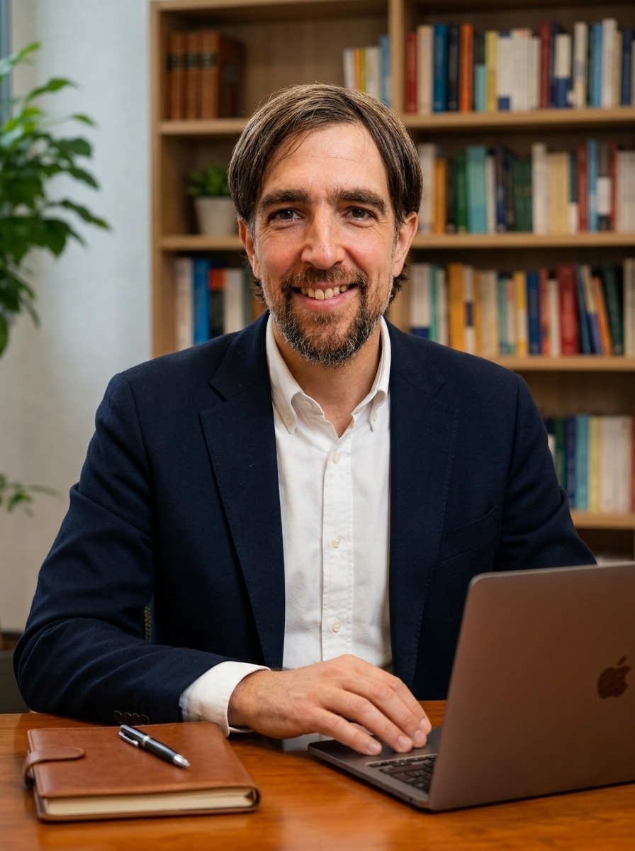 Joan Giralt Carrillo presenting conversational Spanish tuition in smart navy blazer