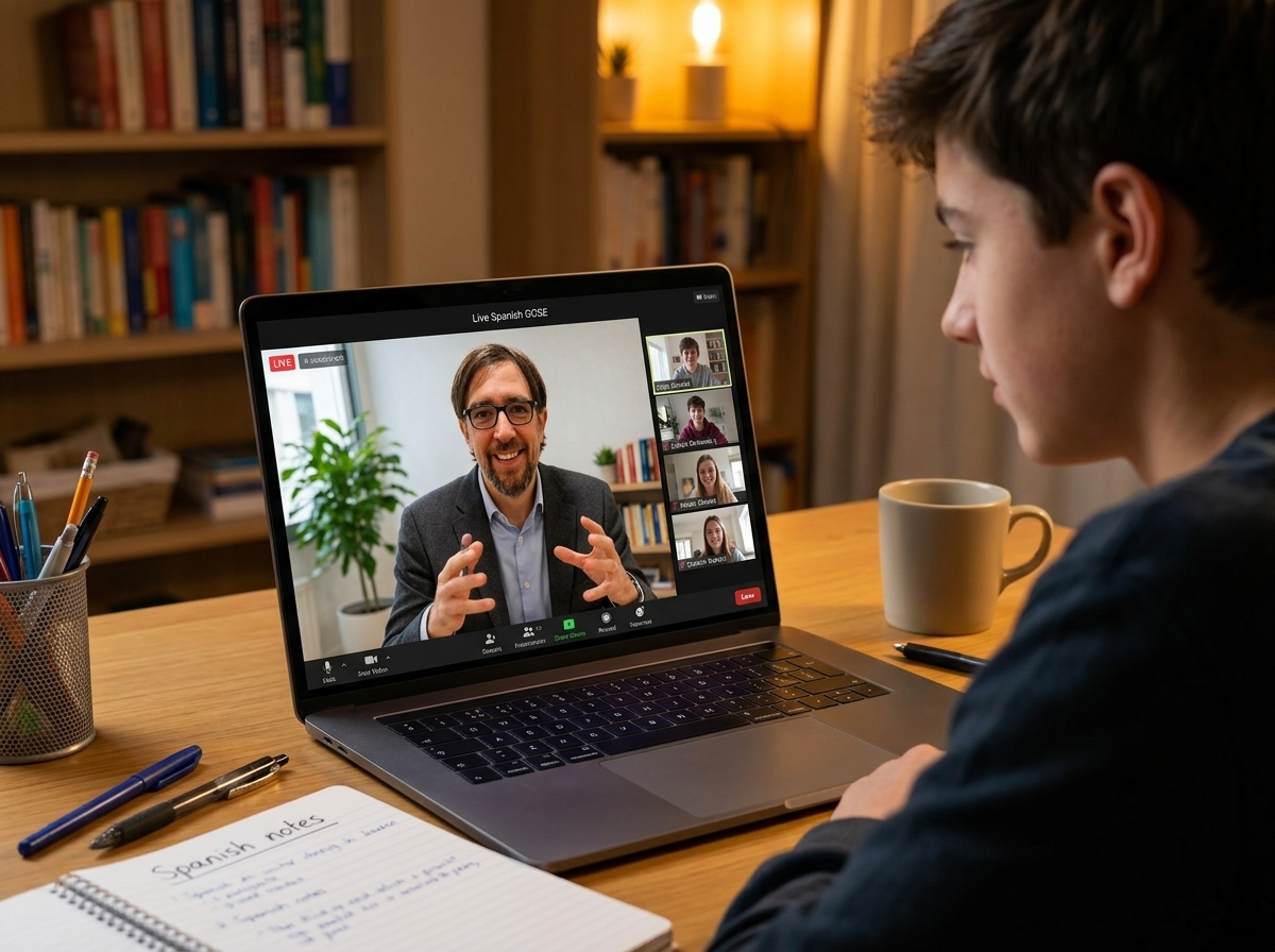 Joan Giralt Carrillo conducting live GCSE Spanish online video call with student