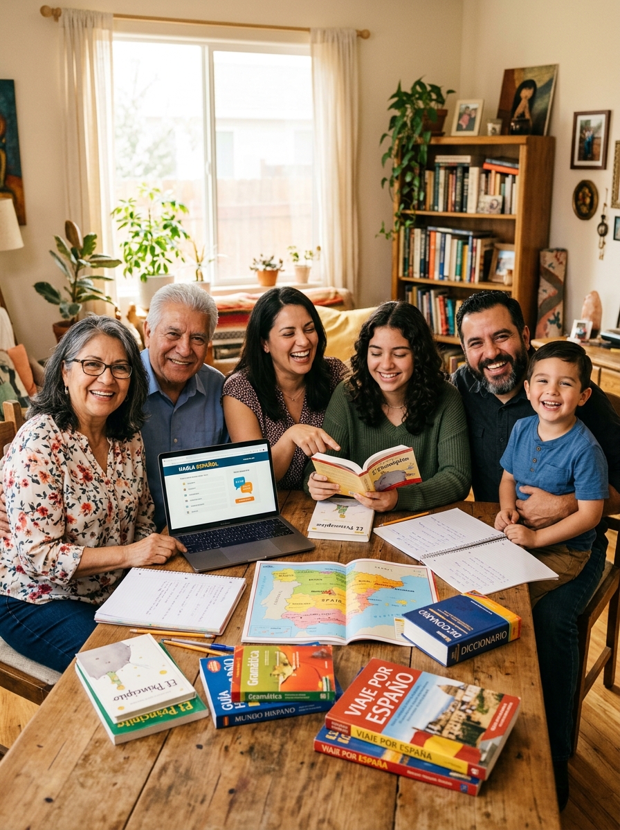 Family enjoying learning Spanish together beyond examinations