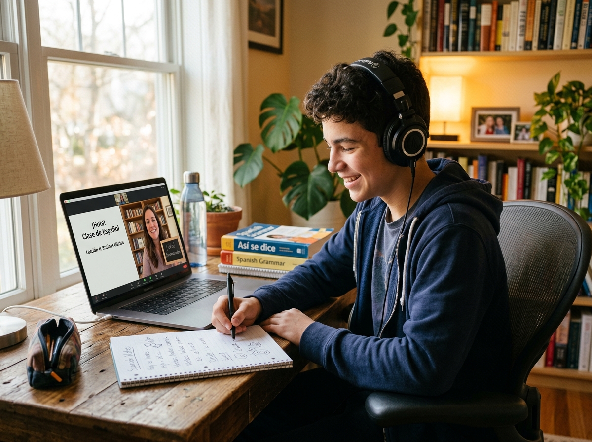 Teenage boy student taking online Spanish lesson as a private candidate