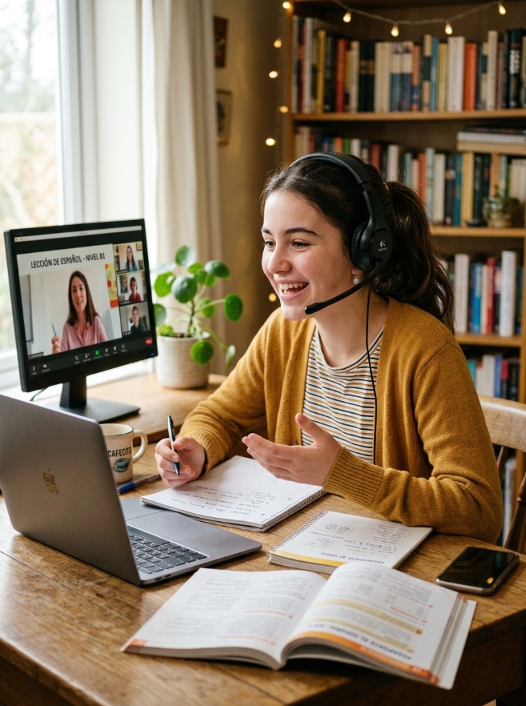 Student engaged in online Spanish lesson with native teacher on screen