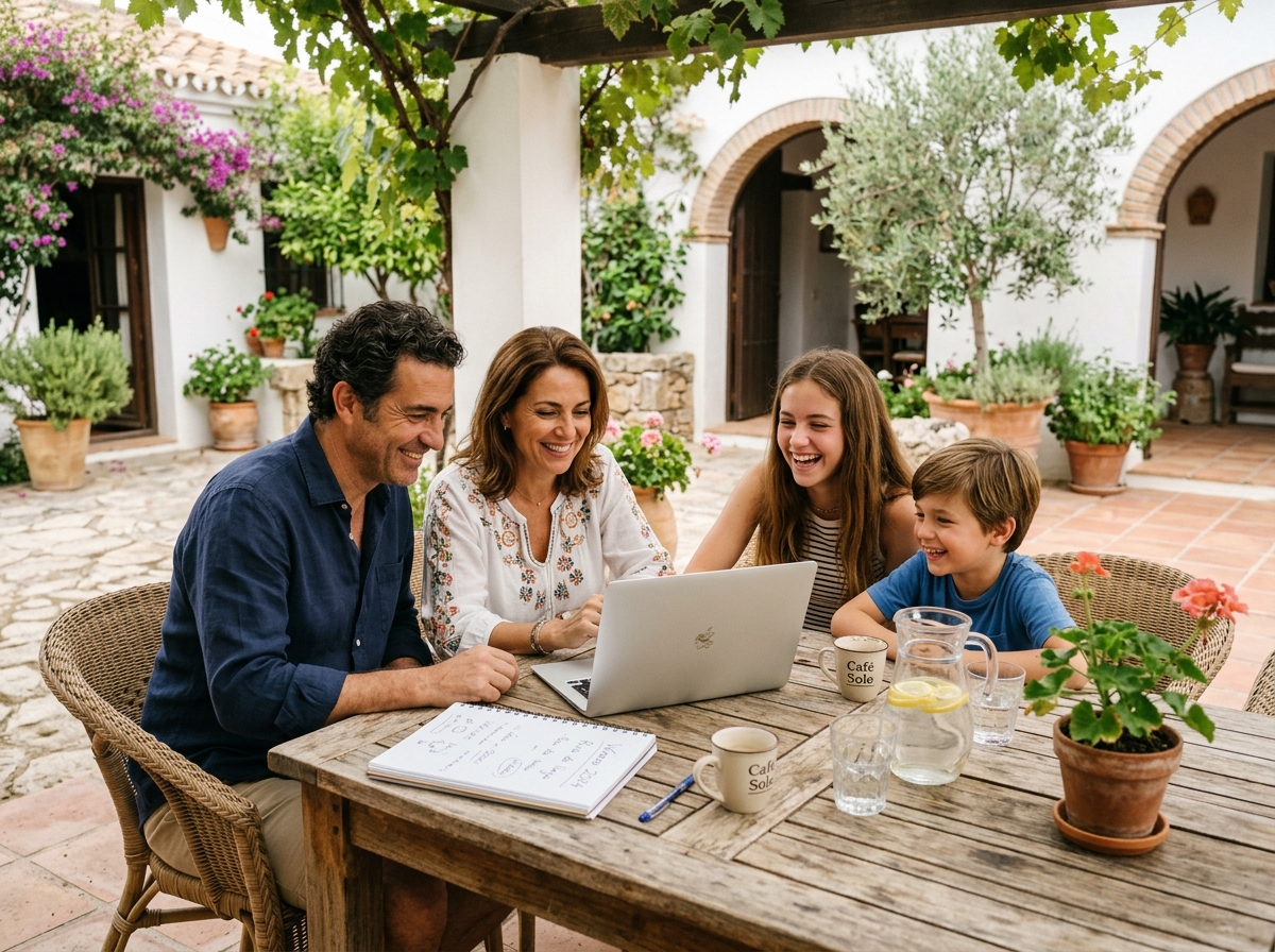 Family sitting together around wooden table on Spanish patio preparing for relocation