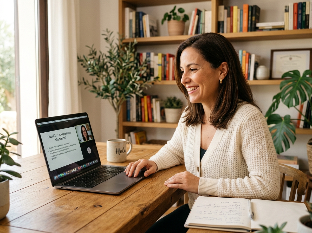 Elisabeth Bulbena Vela conducting a live 1-on-1 Spanish conversation lesson on laptop