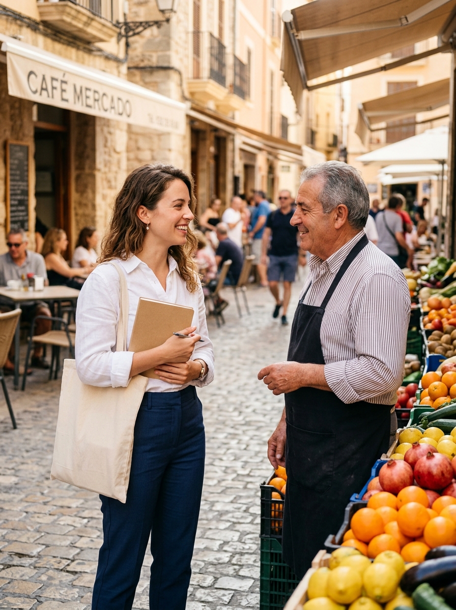 Relocation student carrying clean canvas tote bag conversing with local Spanish market vendor at outdoor cafe