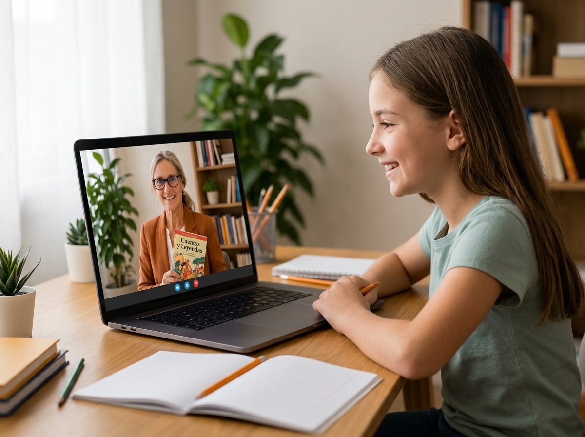 Child exploring Spanish stories and cultural literature on laptop call
