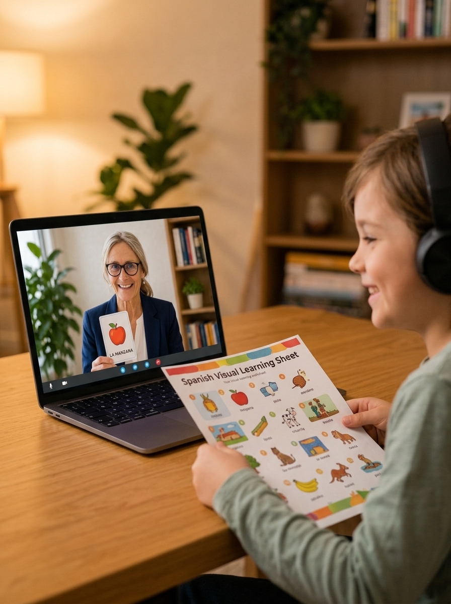 Child student having visual online Spanish lesson with Rosa Vela holding flashcard on laptop screen